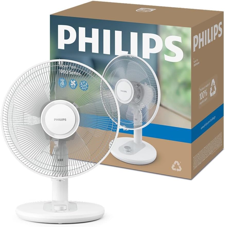 Philips Tafelventilator 1000 Series, Krachtig & Stil, 35 dB(A), 3 Snelheidsinstellingen, Draaiend & Kantelbaar, Wit (CX1030/00) | met 35-45 dB(A), helling 30°, oscillatie 80°, gelijkmatige luchtcirculatie (CX1030/00)
