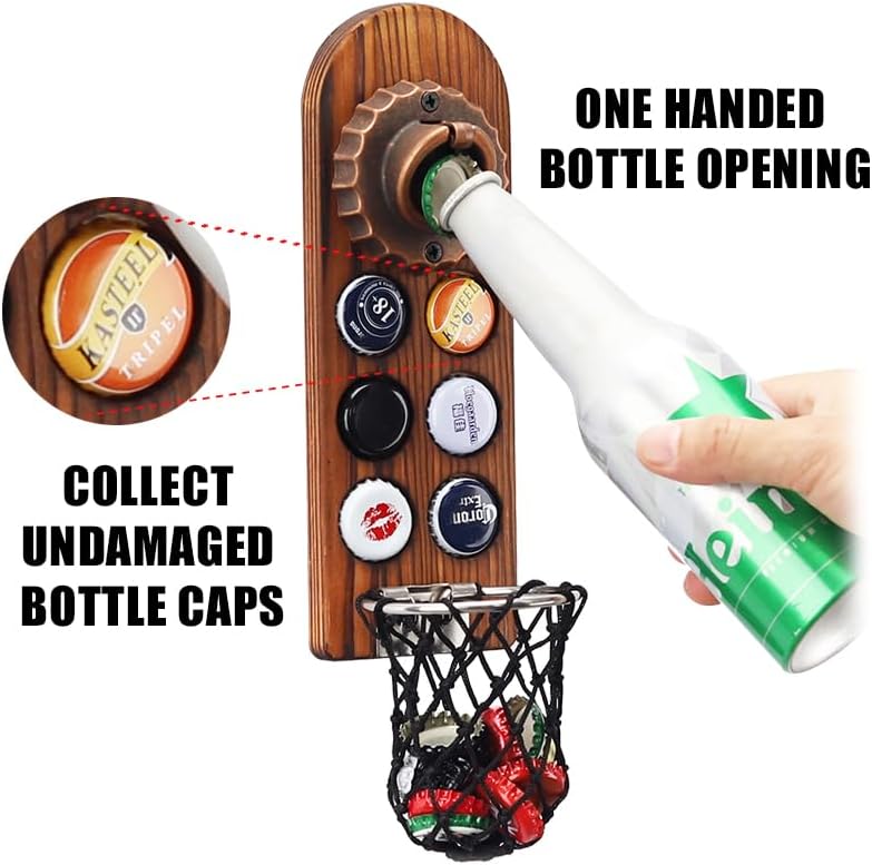 ZONSUSE Magnetische flesopeners met netvanger, wandgemonteerde houten bierflesopener, tracelloze kurkentrekker, thuisbaraccessoires voor keuken, tuin, buiten, ideale biergeschenken voor mannen