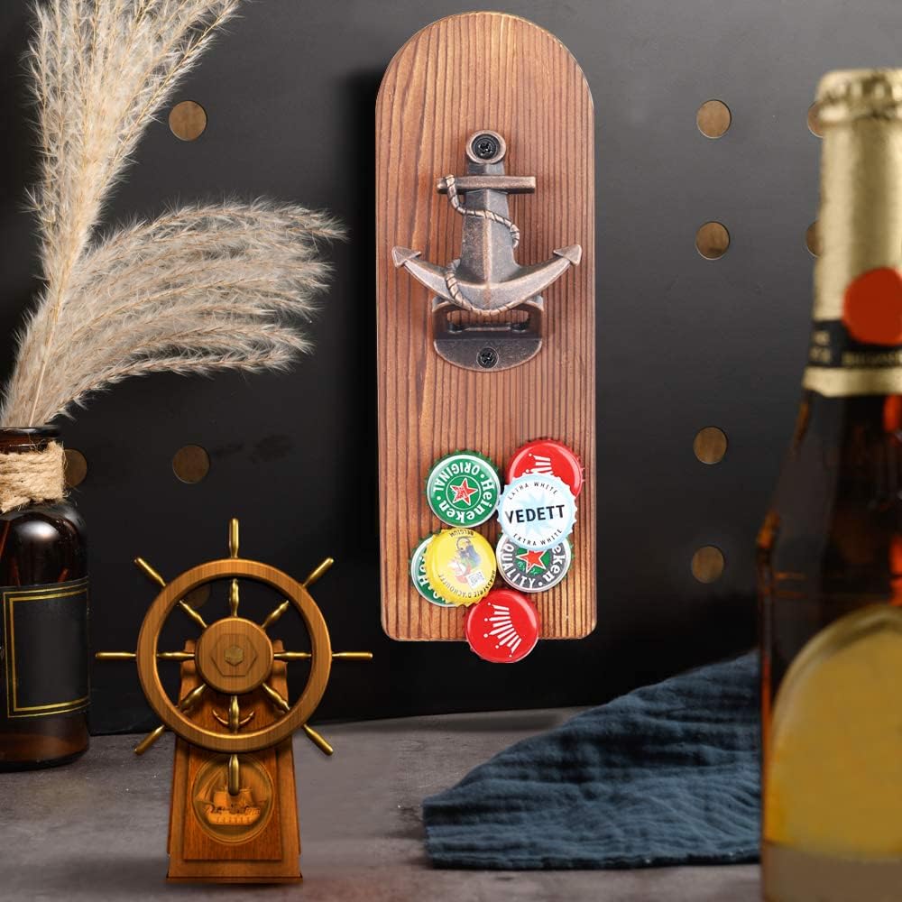 ZONSUSE Magnetische flesopeners met netvanger, wandgemonteerde houten bierflesopener, tracelloze kurkentrekker, thuisbaraccessoires voor keuken, tuin, buiten, ideale biergeschenken voor mannen