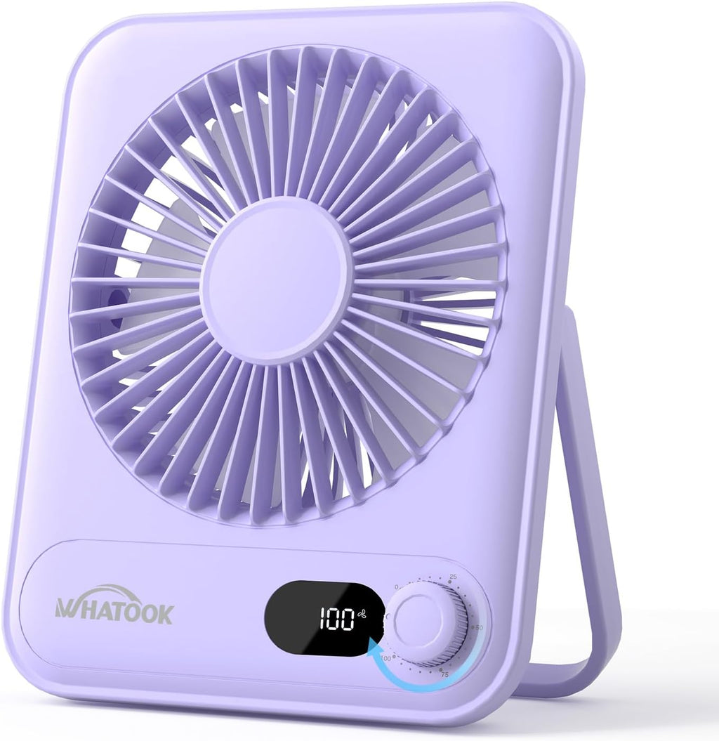 WHATOOK Mini Ventilator USB‑C: Fluisterstil 1‑100 Snelheden, 2000mAh Oplaadbare Tafelventilator met LED‑Display, 3-10u Accu, Ultra Compact Draagbaar voor Bureau, Slaapkamer & Thuis(Zwart)