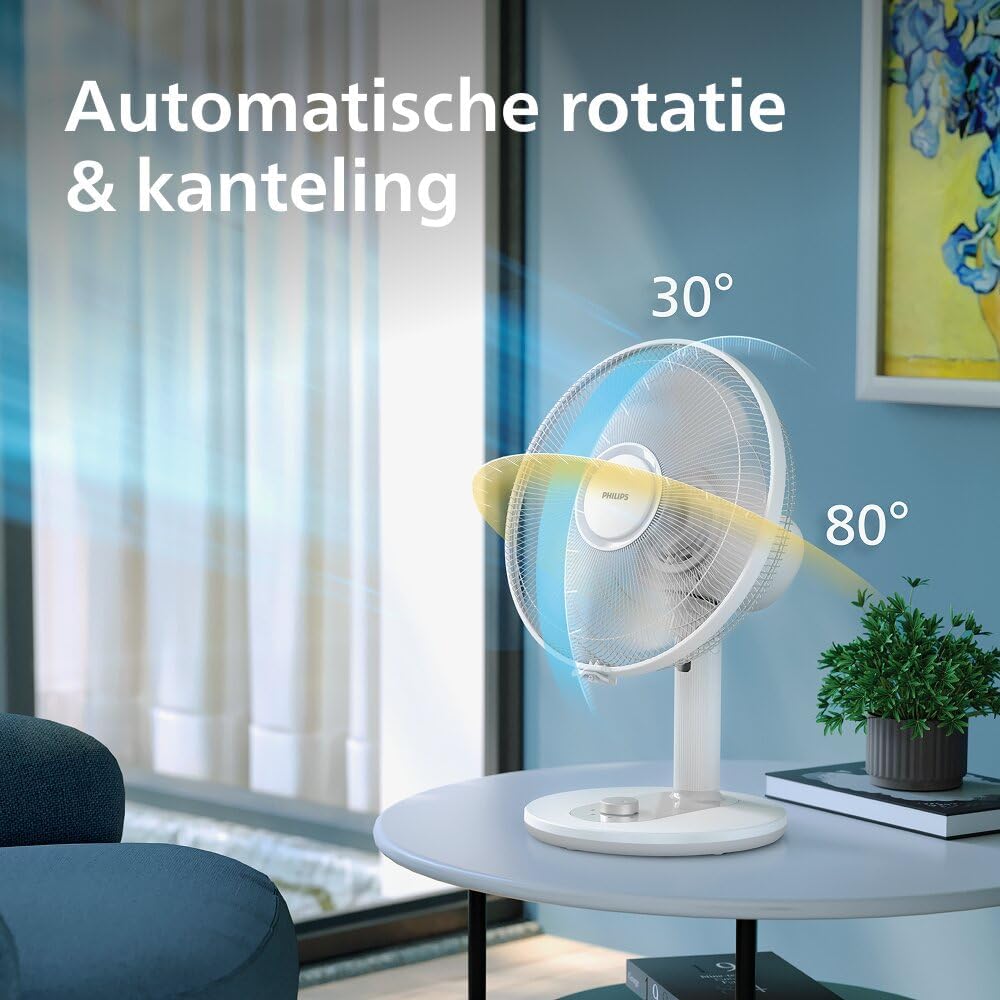 Philips Tafelventilator 1000 Series, Krachtig & Stil, 35 dB(A), 3 Snelheidsinstellingen, Draaiend & Kantelbaar, Wit (CX1030/00) | met 35-45 dB(A), helling 30°, oscillatie 80°, gelijkmatige luchtcirculatie (CX1030/00)