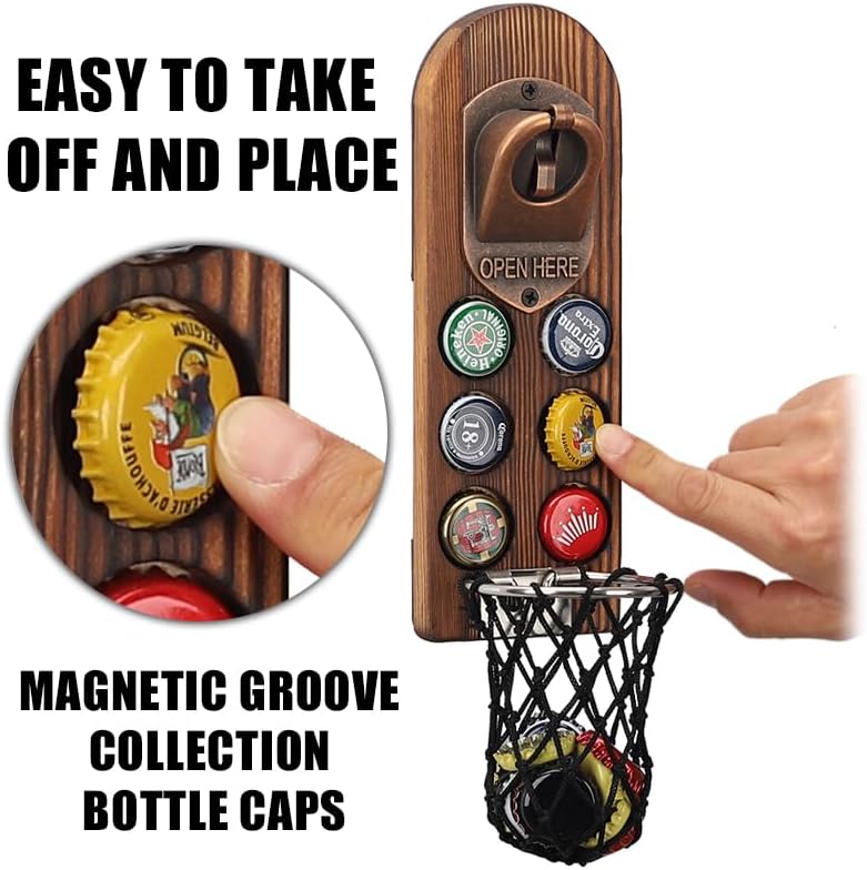 ZONSUSE Magnetische flesopeners met netvanger, wandgemonteerde houten bierflesopener, tracelloze kurkentrekker, thuisbaraccessoires voor keuken, tuin, buiten, ideale biergeschenken voor mannen