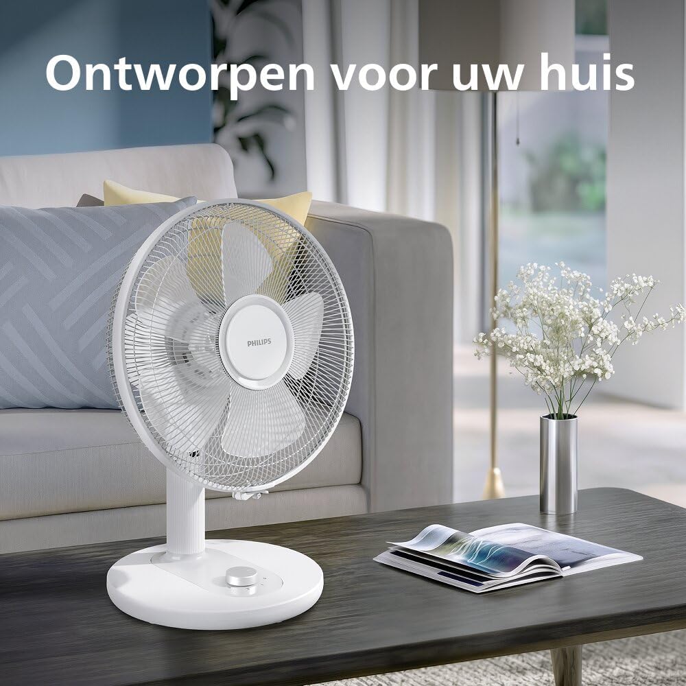 Philips Tafelventilator 1000 Series, Krachtig & Stil, 35 dB(A), 3 Snelheidsinstellingen, Draaiend & Kantelbaar, Wit (CX1030/00) | met 35-45 dB(A), helling 30°, oscillatie 80°, gelijkmatige luchtcirculatie (CX1030/00)