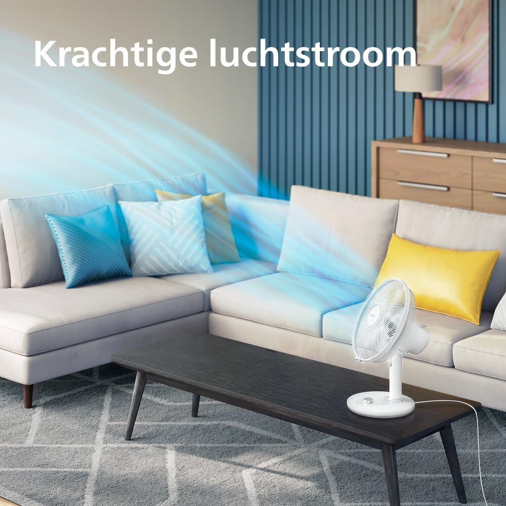 Philips Tafelventilator 1000 Series, Krachtig & Stil, 35 dB(A), 3 Snelheidsinstellingen, Draaiend & Kantelbaar, Wit (CX1030/00) | met 35-45 dB(A), helling 30°, oscillatie 80°, gelijkmatige luchtcirculatie (CX1030/00)