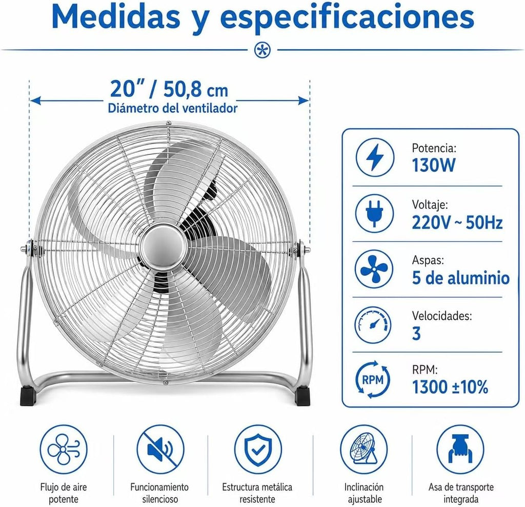 Tafelventilator van metaal, zilver, 130 W