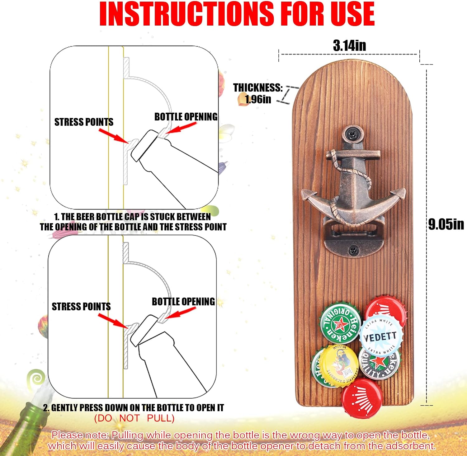 ZONSUSE Magnetische flesopeners met netvanger, wandgemonteerde houten bierflesopener, tracelloze kurkentrekker, thuisbaraccessoires voor keuken, tuin, buiten, ideale biergeschenken voor mannen