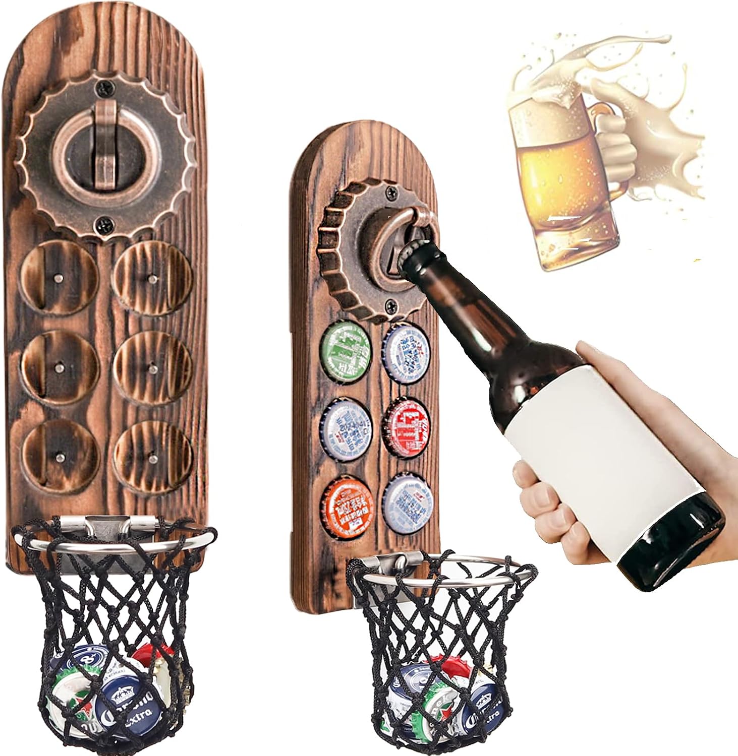 ZONSUSE Magnetische flesopeners met netvanger, wandgemonteerde houten bierflesopener, tracelloze kurkentrekker, thuisbaraccessoires voor keuken, tuin, buiten, ideale biergeschenken voor mannen