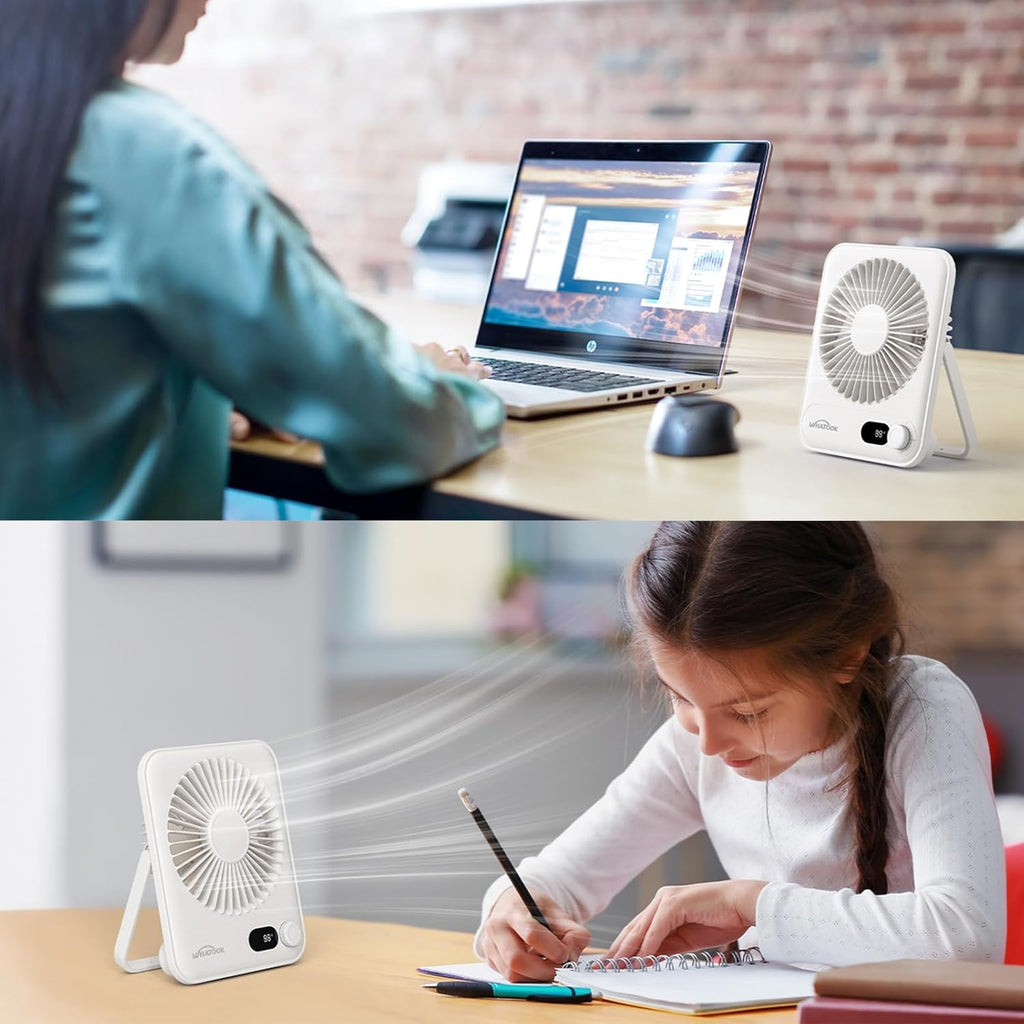 WHATOOK Mini Ventilator USB‑C: Fluisterstil 1‑100 Snelheden, 2000mAh Oplaadbare Tafelventilator met LED‑Display, 3-10u Accu, Ultra Compact Draagbaar voor Bureau, Slaapkamer & Thuis(Zwart)