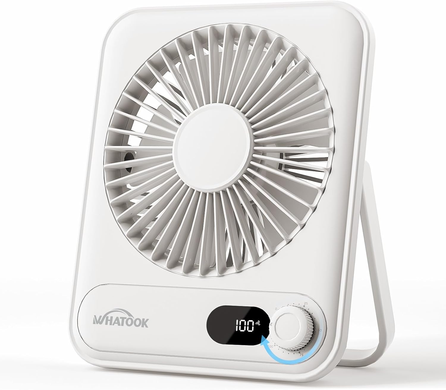 WHATOOK Mini Ventilator USB‑C: Fluisterstil 1‑100 Snelheden, 2000mAh Oplaadbare Tafelventilator met LED‑Display, 3-10u Accu, Ultra Compact Draagbaar voor Bureau, Slaapkamer & Thuis(Zwart)