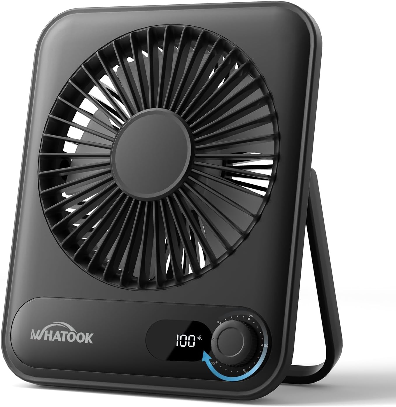 WHATOOK Mini Ventilator USB‑C: Fluisterstil 1‑100 Snelheden, 2000mAh Oplaadbare Tafelventilator met LED‑Display, 3-10u Accu, Ultra Compact Draagbaar voor Bureau, Slaapkamer & Thuis(Zwart)