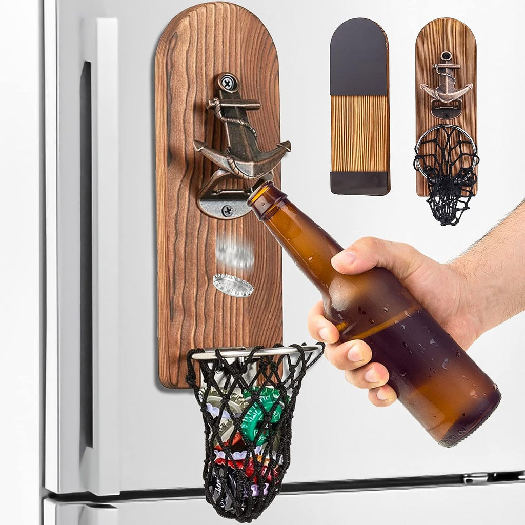ZONSUSE Magnetische flesopeners met netvanger, wandgemonteerde houten bierflesopener, tracelloze kurkentrekker, thuisbaraccessoires voor keuken, tuin, buiten, ideale biergeschenken voor mannen