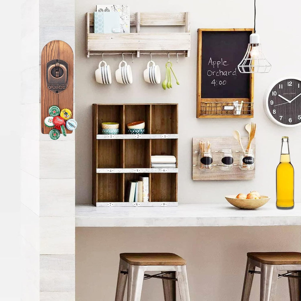 ZONSUSE Magnetische flesopeners met netvanger, wandgemonteerde houten bierflesopener, tracelloze kurkentrekker, thuisbaraccessoires voor keuken, tuin, buiten, ideale biergeschenken voor mannen