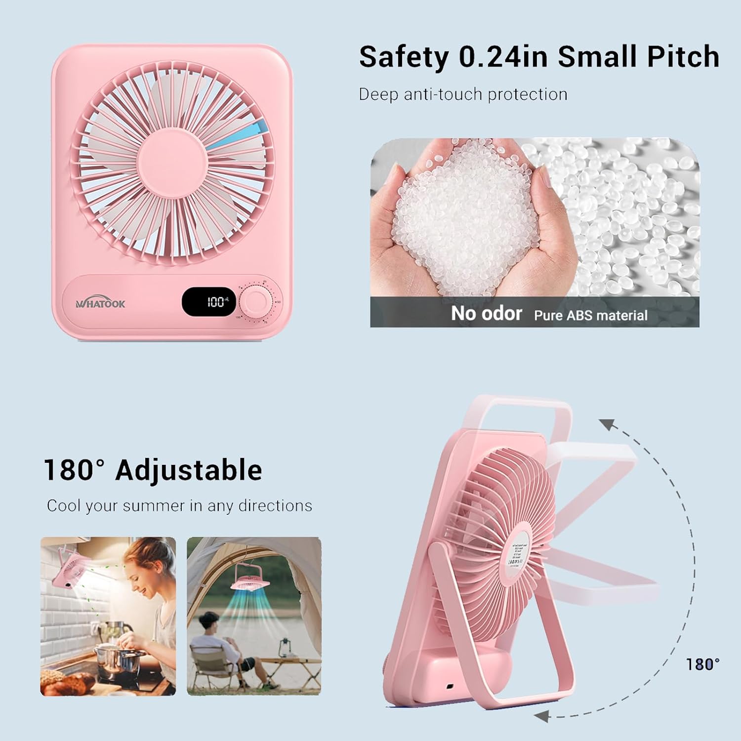 WHATOOK Mini Ventilator USB‑C: Fluisterstil 1‑100 Snelheden, 2000mAh Oplaadbare Tafelventilator met LED‑Display, 3-10u Accu, Ultra Compact Draagbaar voor Bureau, Slaapkamer & Thuis(Zwart)