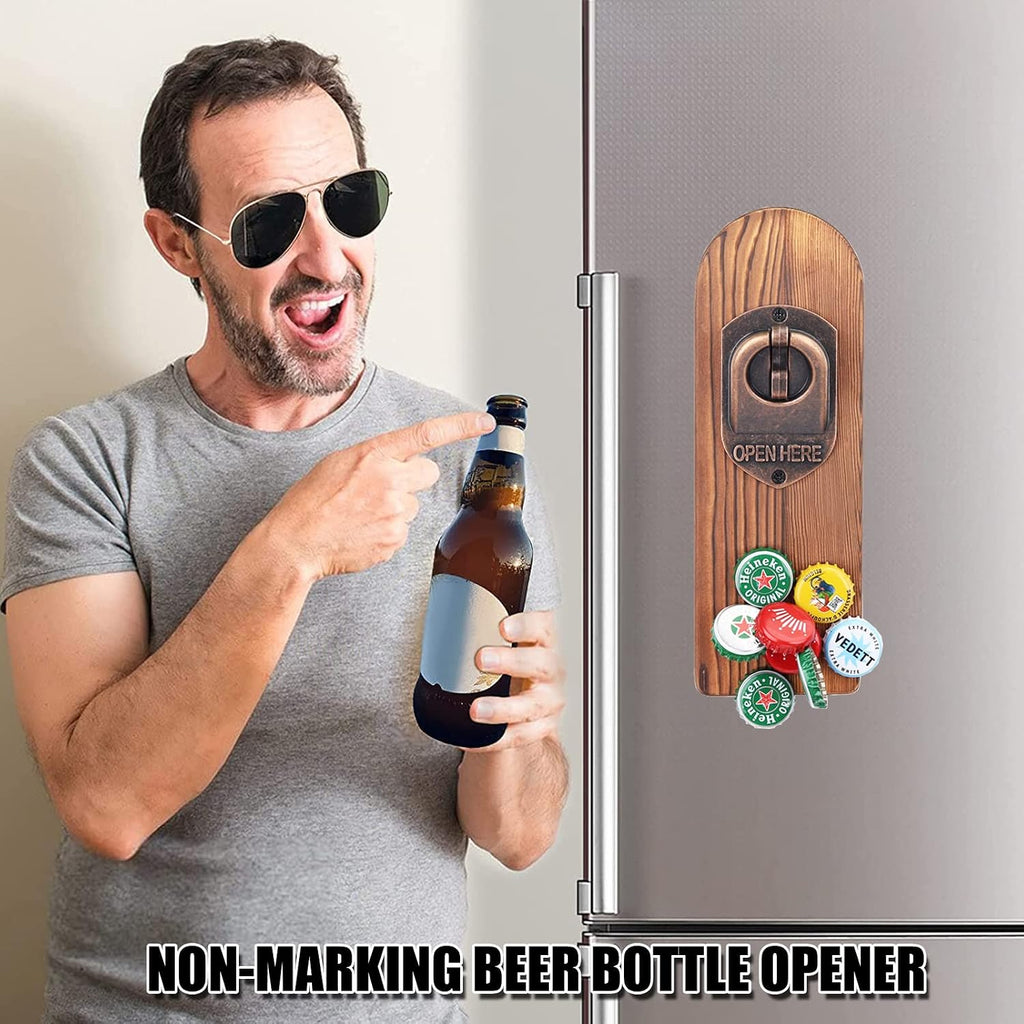 ZONSUSE Magnetische flesopeners met netvanger, wandgemonteerde houten bierflesopener, tracelloze kurkentrekker, thuisbaraccessoires voor keuken, tuin, buiten, ideale biergeschenken voor mannen