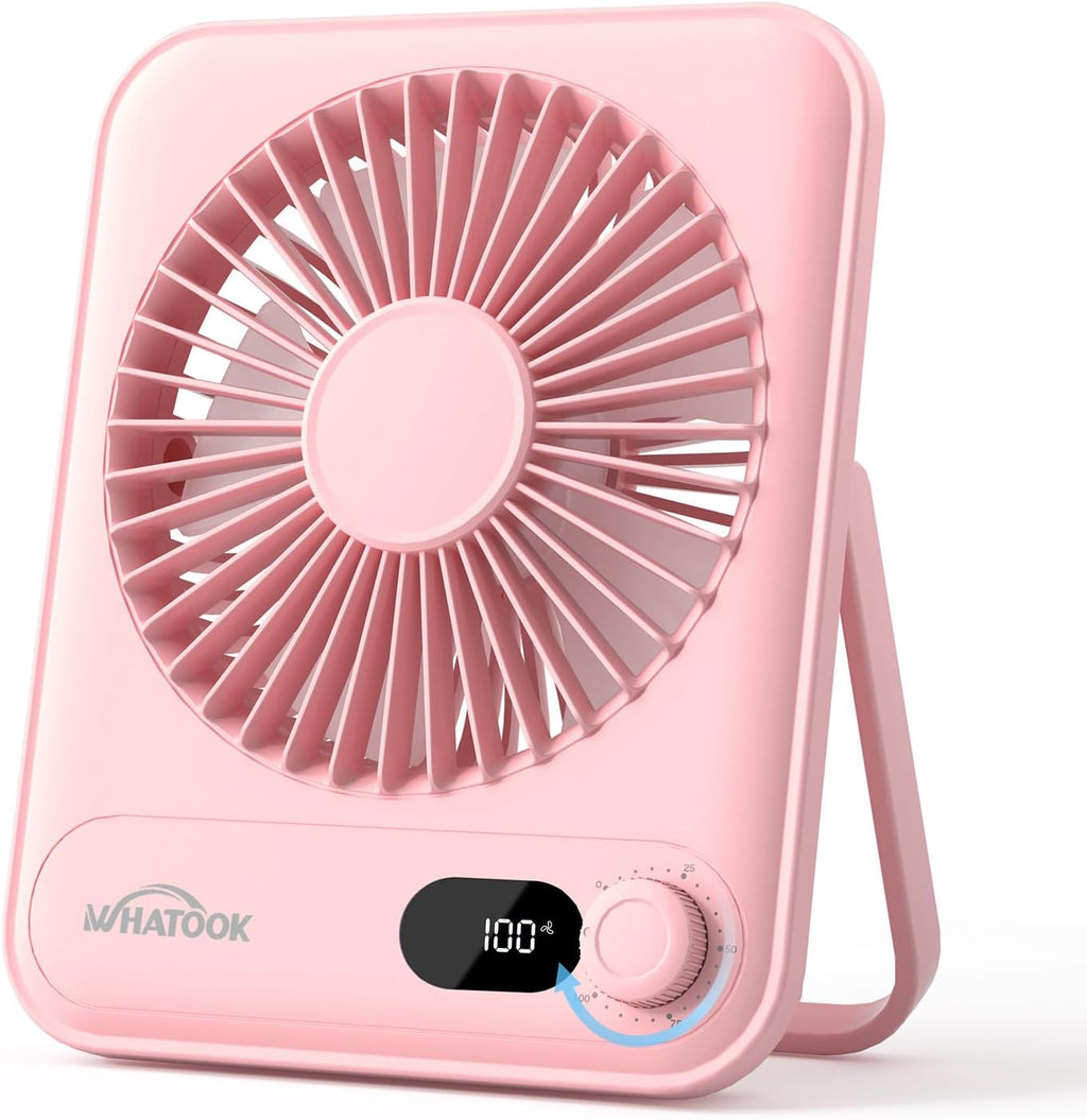 WHATOOK Mini Ventilator USB‑C: Fluisterstil 1‑100 Snelheden, 2000mAh Oplaadbare Tafelventilator met LED‑Display, 3-10u Accu, Ultra Compact Draagbaar voor Bureau, Slaapkamer & Thuis(Zwart)