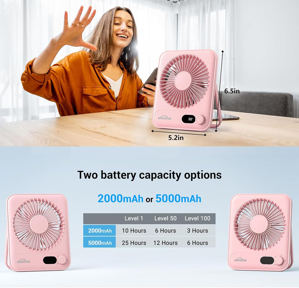 WHATOOK Mini Ventilator USB‑C: Fluisterstil 1‑100 Snelheden, 2000mAh Oplaadbare Tafelventilator met LED‑Display, 3-10u Accu, Ultra Compact Draagbaar voor Bureau, Slaapkamer & Thuis(Zwart)