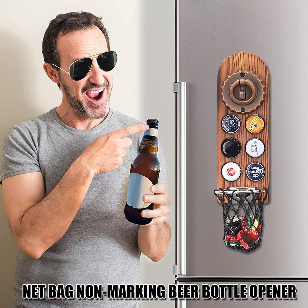 ZONSUSE Magnetische flesopeners met netvanger, wandgemonteerde houten bierflesopener, tracelloze kurkentrekker, thuisbaraccessoires voor keuken, tuin, buiten, ideale biergeschenken voor mannen
