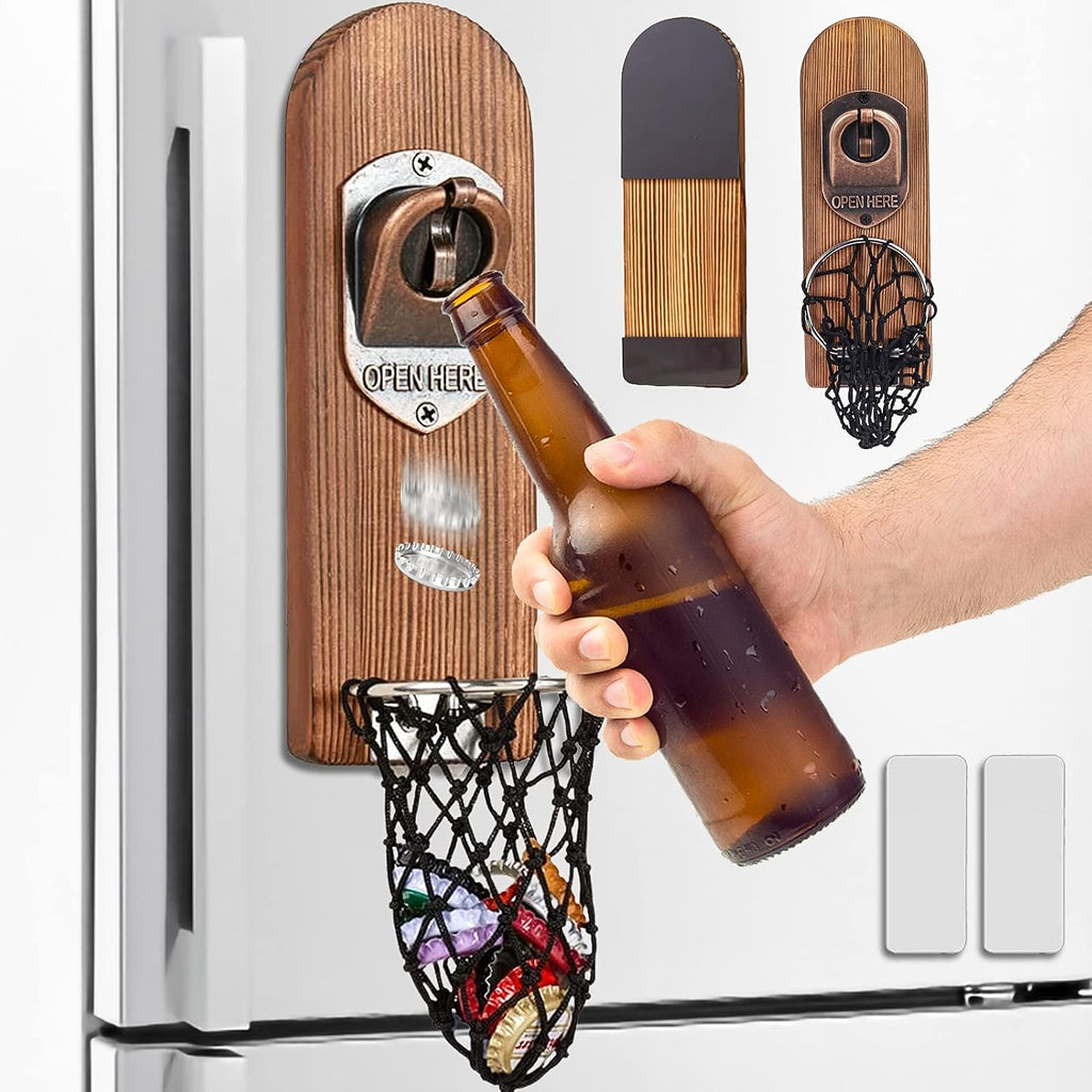 ZONSUSE Magnetische flesopeners met netvanger, wandgemonteerde houten bierflesopener, tracelloze kurkentrekker, thuisbaraccessoires voor keuken, tuin, buiten, ideale biergeschenken voor mannen