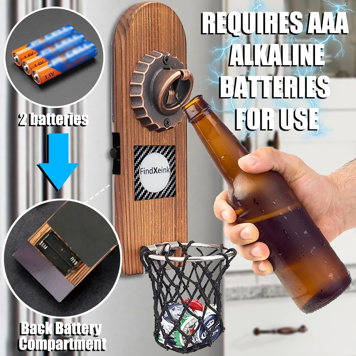 ZONSUSE Magnetische flesopeners met netvanger, wandgemonteerde houten bierflesopener, tracelloze kurkentrekker, thuisbaraccessoires voor keuken, tuin, buiten, ideale biergeschenken voor mannen