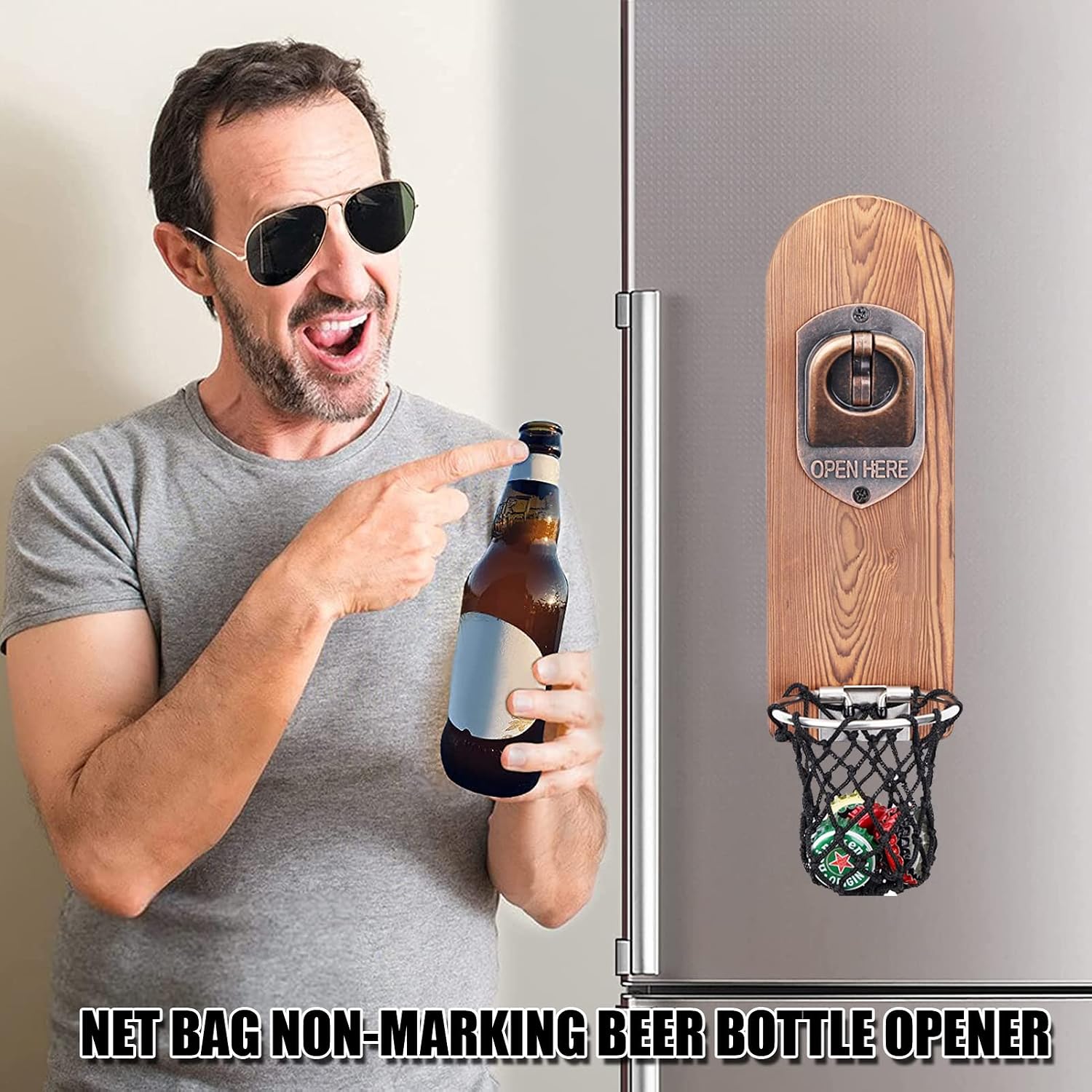 ZONSUSE Magnetische flesopeners met netvanger, wandgemonteerde houten bierflesopener, tracelloze kurkentrekker, thuisbaraccessoires voor keuken, tuin, buiten, ideale biergeschenken voor mannen