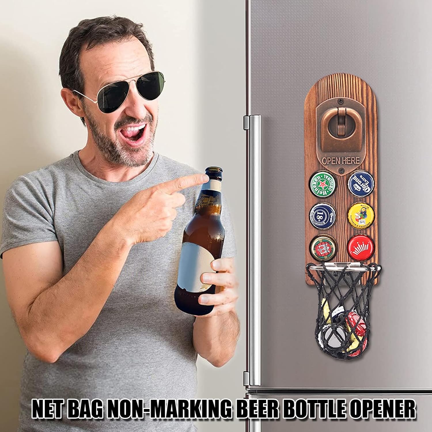 ZONSUSE Magnetische flesopeners met netvanger, wandgemonteerde houten bierflesopener, tracelloze kurkentrekker, thuisbaraccessoires voor keuken, tuin, buiten, ideale biergeschenken voor mannen