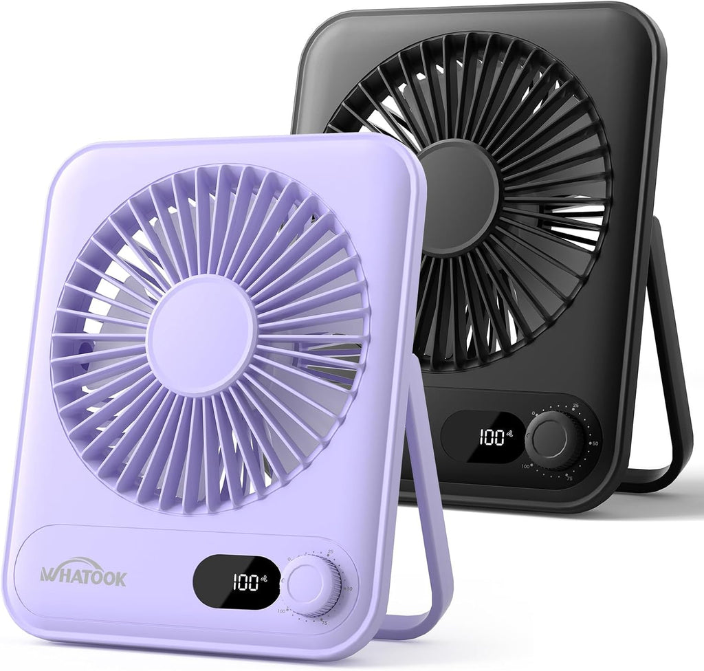 WHATOOK Mini Ventilator USB‑C: Fluisterstil 1‑100 Snelheden, 2000mAh Oplaadbare Tafelventilator met LED‑Display, 3-10u Accu, Ultra Compact Draagbaar voor Bureau, Slaapkamer & Thuis(Zwart)