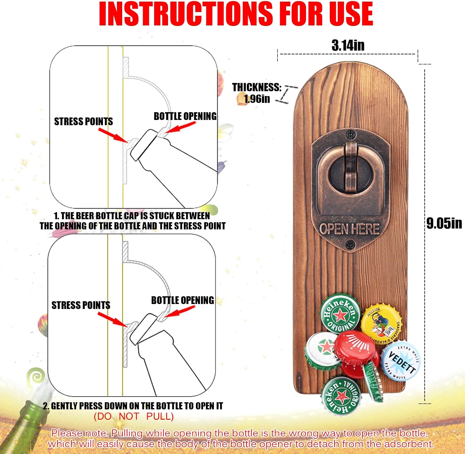 ZONSUSE Magnetische flesopeners met netvanger, wandgemonteerde houten bierflesopener, tracelloze kurkentrekker, thuisbaraccessoires voor keuken, tuin, buiten, ideale biergeschenken voor mannen
