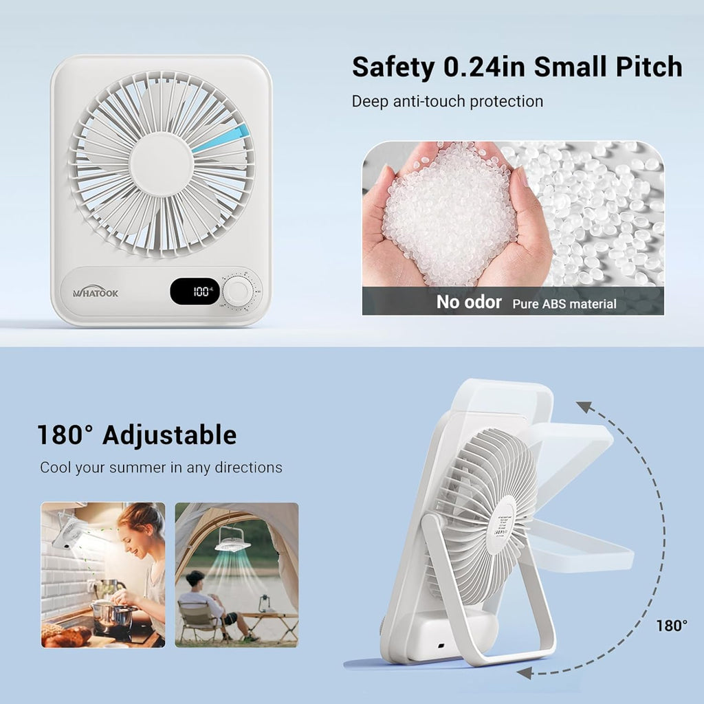WHATOOK Mini Ventilator USB‑C: Fluisterstil 1‑100 Snelheden, 2000mAh Oplaadbare Tafelventilator met LED‑Display, 3-10u Accu, Ultra Compact Draagbaar voor Bureau, Slaapkamer & Thuis(Zwart)