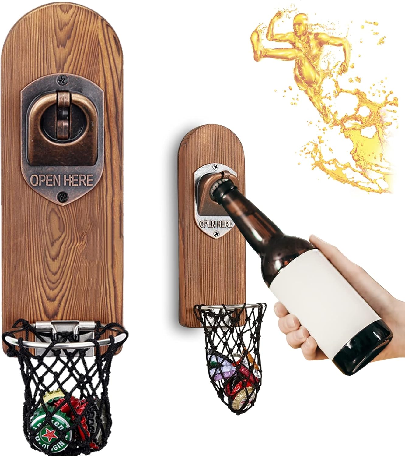 ZONSUSE Magnetische flesopeners met netvanger, wandgemonteerde houten bierflesopener, tracelloze kurkentrekker, thuisbaraccessoires voor keuken, tuin, buiten, ideale biergeschenken voor mannen