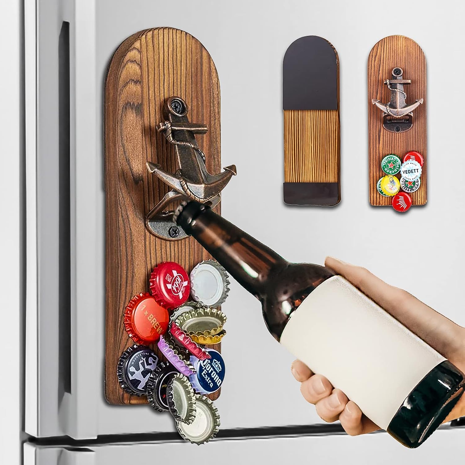 ZONSUSE Magnetische flesopeners met netvanger, wandgemonteerde houten bierflesopener, tracelloze kurkentrekker, thuisbaraccessoires voor keuken, tuin, buiten, ideale biergeschenken voor mannen