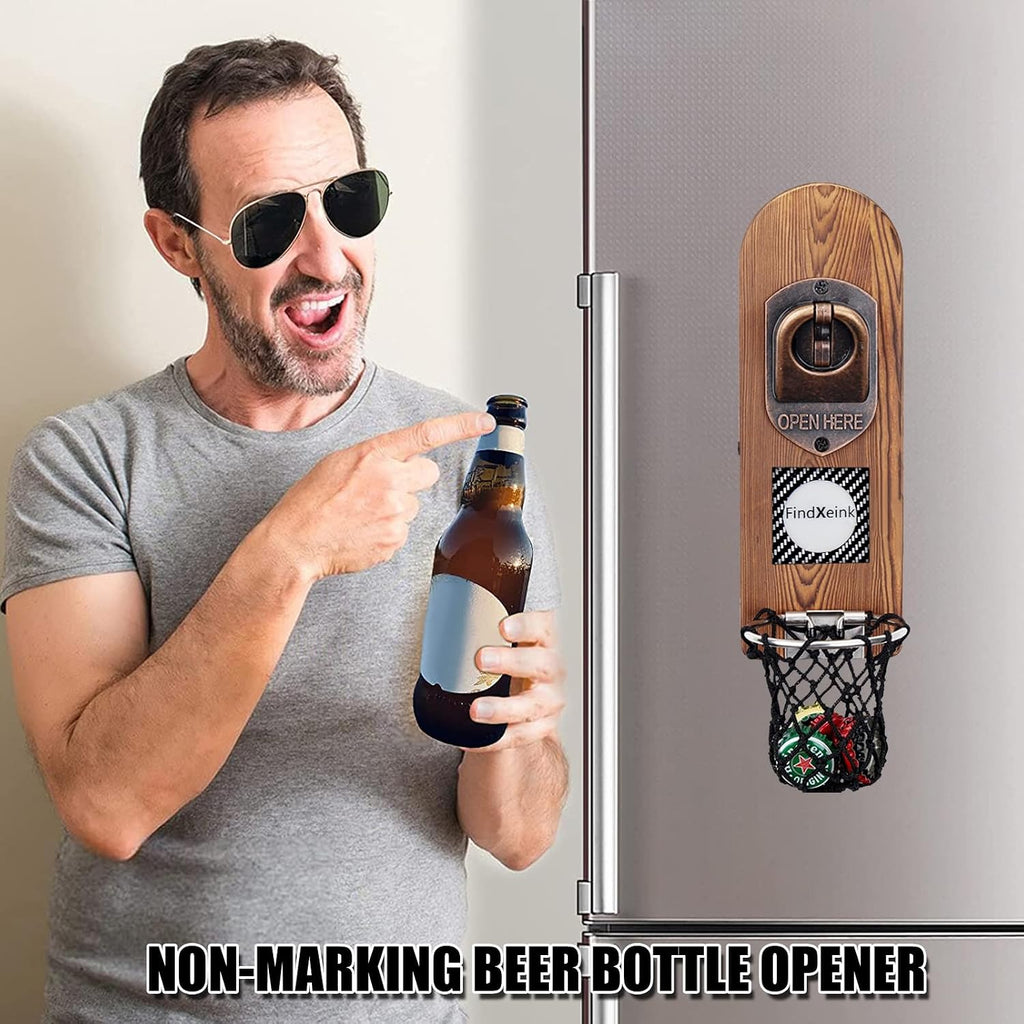 ZONSUSE Magnetische flesopeners met netvanger, wandgemonteerde houten bierflesopener, tracelloze kurkentrekker, thuisbaraccessoires voor keuken, tuin, buiten, ideale biergeschenken voor mannen
