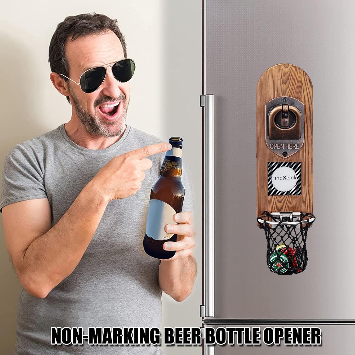 ZONSUSE Magnetische flesopeners met netvanger, wandgemonteerde houten bierflesopener, tracelloze kurkentrekker, thuisbaraccessoires voor keuken, tuin, buiten, ideale biergeschenken voor mannen