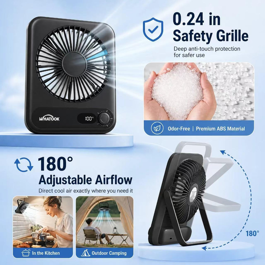 WHATOOK Mini Ventilator USB‑C: Fluisterstil 1‑100 Snelheden, 2000mAh Oplaadbare Tafelventilator met LED‑Display, 3-10u Accu, Ultra Compact Draagbaar voor Bureau, Slaapkamer & Thuis(Zwart)