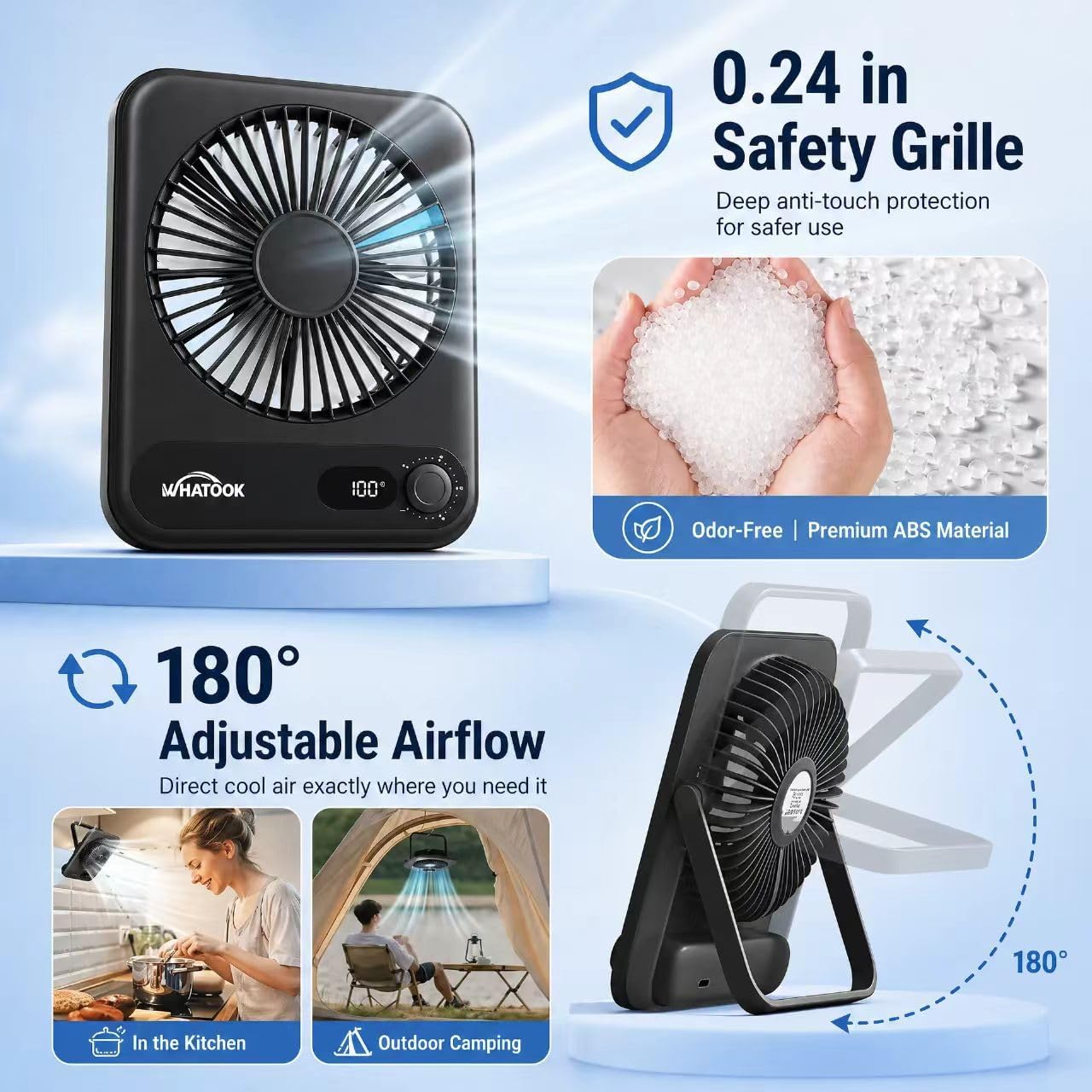 WHATOOK Mini Ventilator USB‑C: Fluisterstil 1‑100 Snelheden, 2000mAh Oplaadbare Tafelventilator met LED‑Display, 3-10u Accu, Ultra Compact Draagbaar voor Bureau, Slaapkamer & Thuis(Zwart)