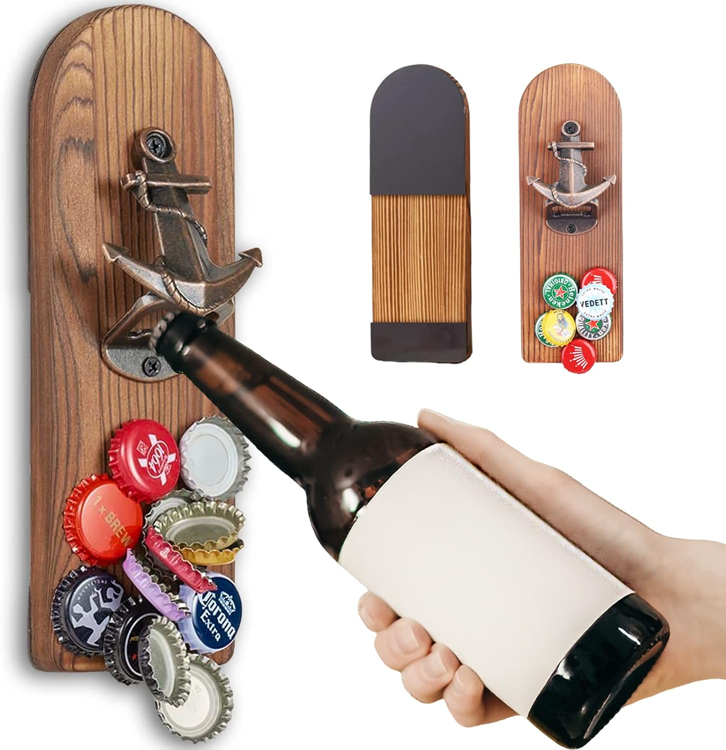 ZONSUSE Magnetische flesopeners met netvanger, wandgemonteerde houten bierflesopener, tracelloze kurkentrekker, thuisbaraccessoires voor keuken, tuin, buiten, ideale biergeschenken voor mannen