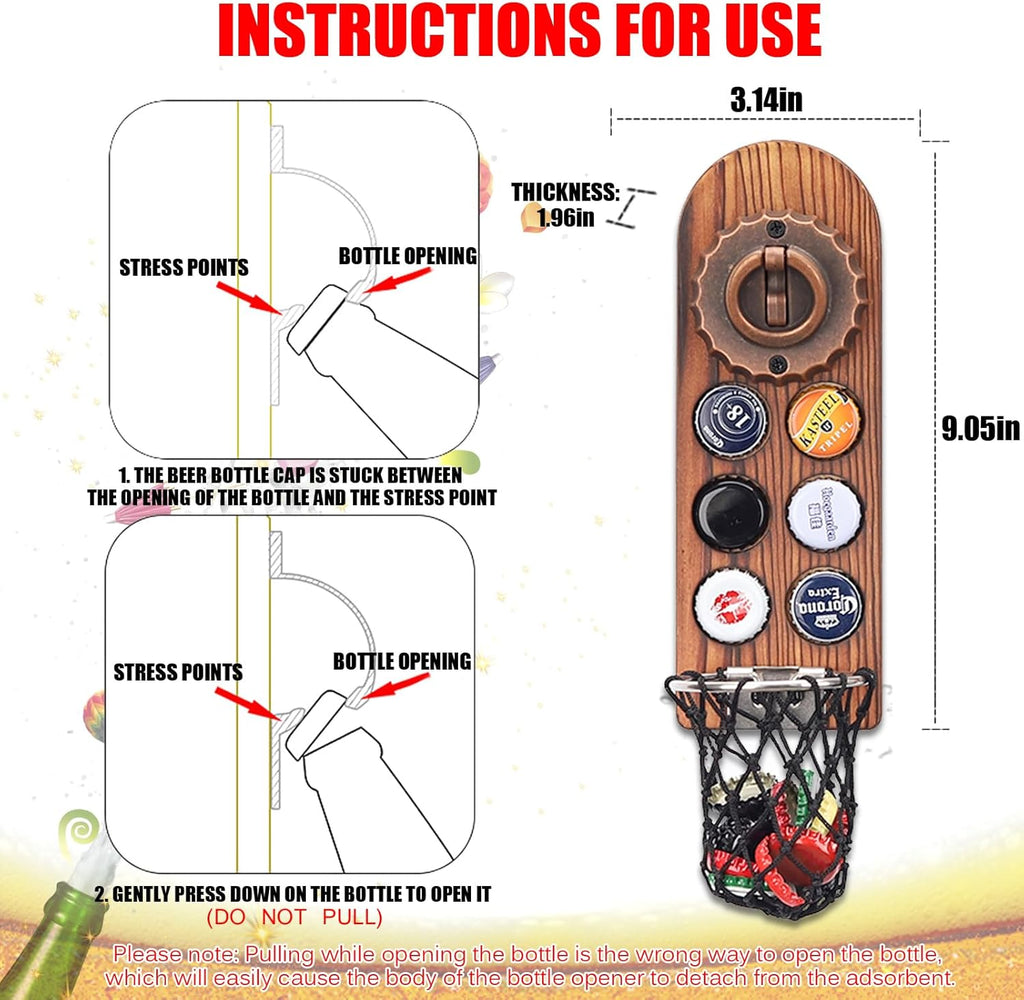ZONSUSE Magnetische flesopeners met netvanger, wandgemonteerde houten bierflesopener, tracelloze kurkentrekker, thuisbaraccessoires voor keuken, tuin, buiten, ideale biergeschenken voor mannen