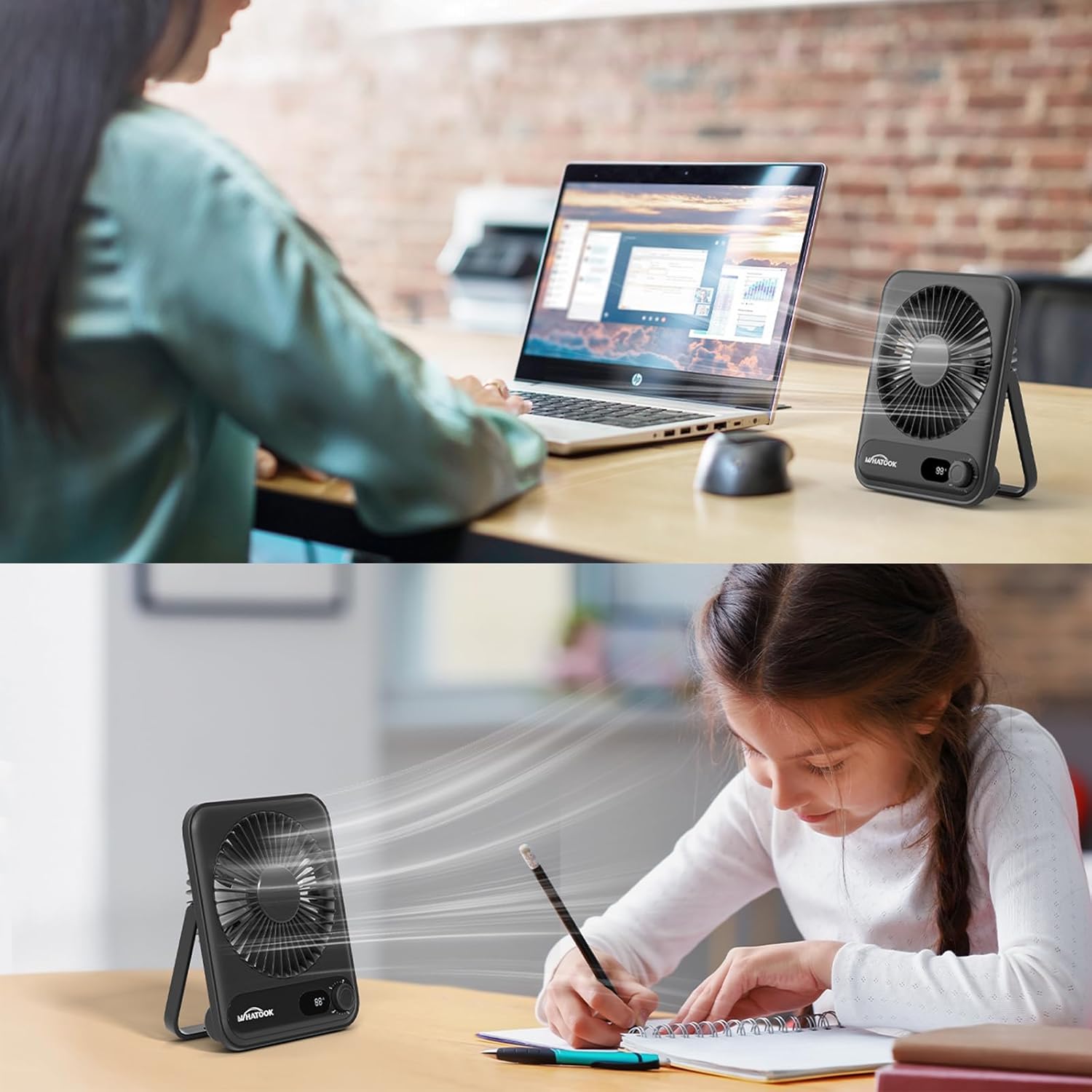 WHATOOK Mini Ventilator USB‑C: Fluisterstil 1‑100 Snelheden, 2000mAh Oplaadbare Tafelventilator met LED‑Display, 3-10u Accu, Ultra Compact Draagbaar voor Bureau, Slaapkamer & Thuis(Zwart)