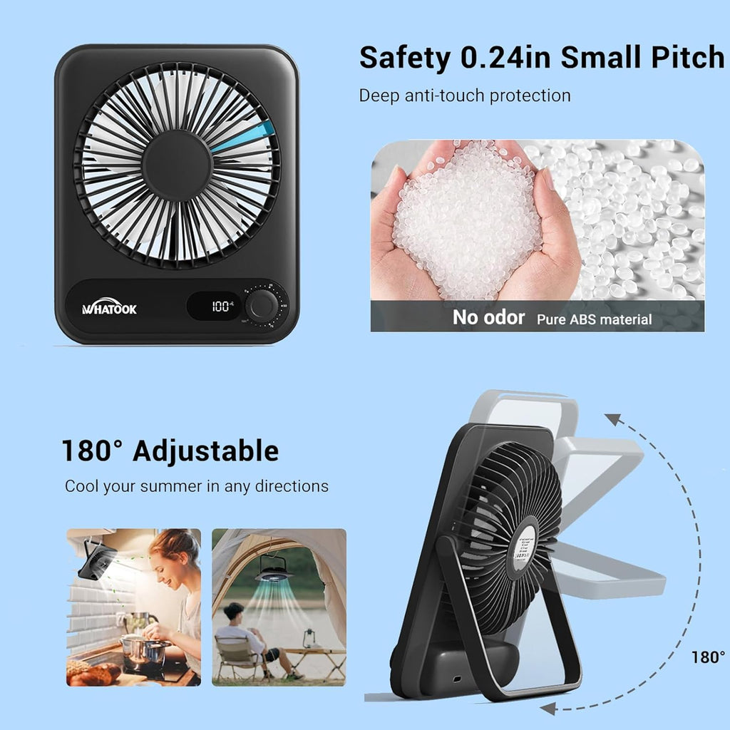 WHATOOK Mini Ventilator USB‑C: Fluisterstil 1‑100 Snelheden, 2000mAh Oplaadbare Tafelventilator met LED‑Display, 3-10u Accu, Ultra Compact Draagbaar voor Bureau, Slaapkamer & Thuis(Zwart)