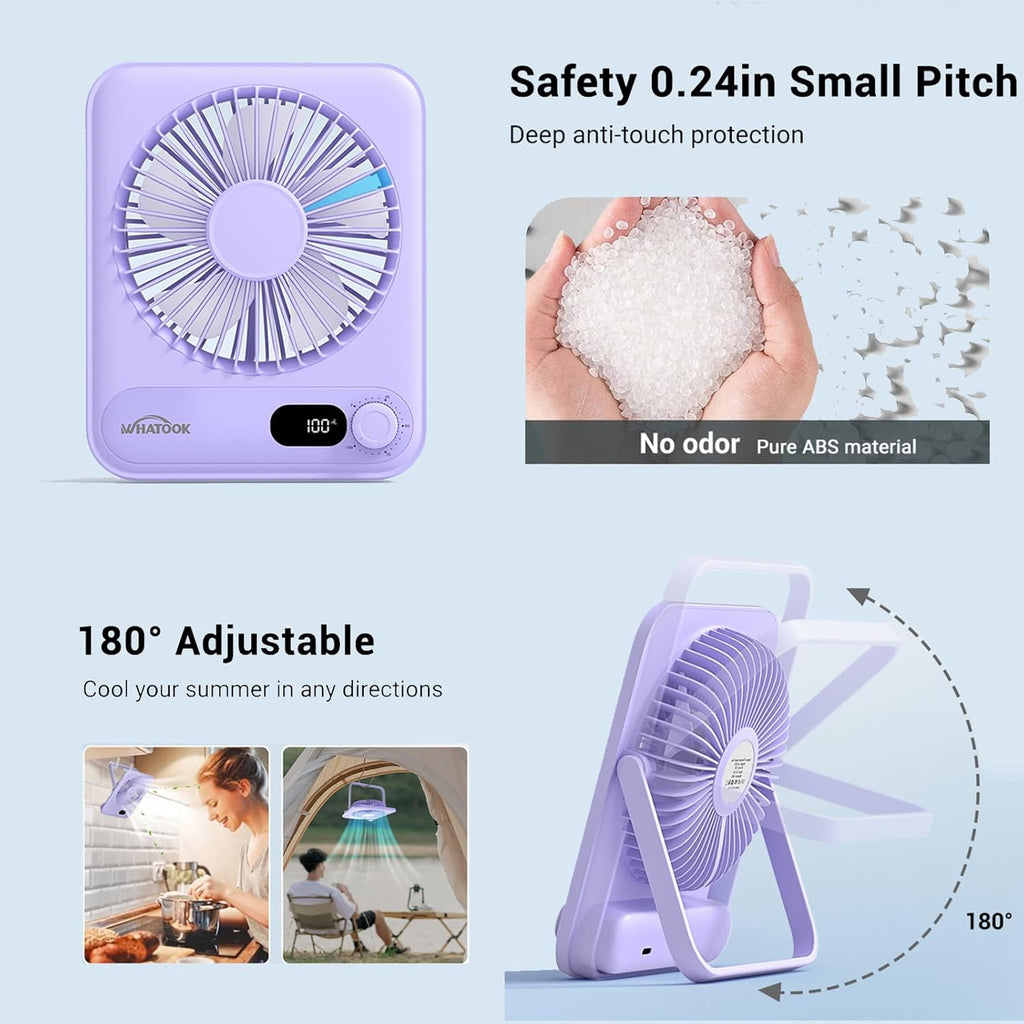 WHATOOK Mini Ventilator USB‑C: Fluisterstil 1‑100 Snelheden, 2000mAh Oplaadbare Tafelventilator met LED‑Display, 3-10u Accu, Ultra Compact Draagbaar voor Bureau, Slaapkamer & Thuis(Zwart)