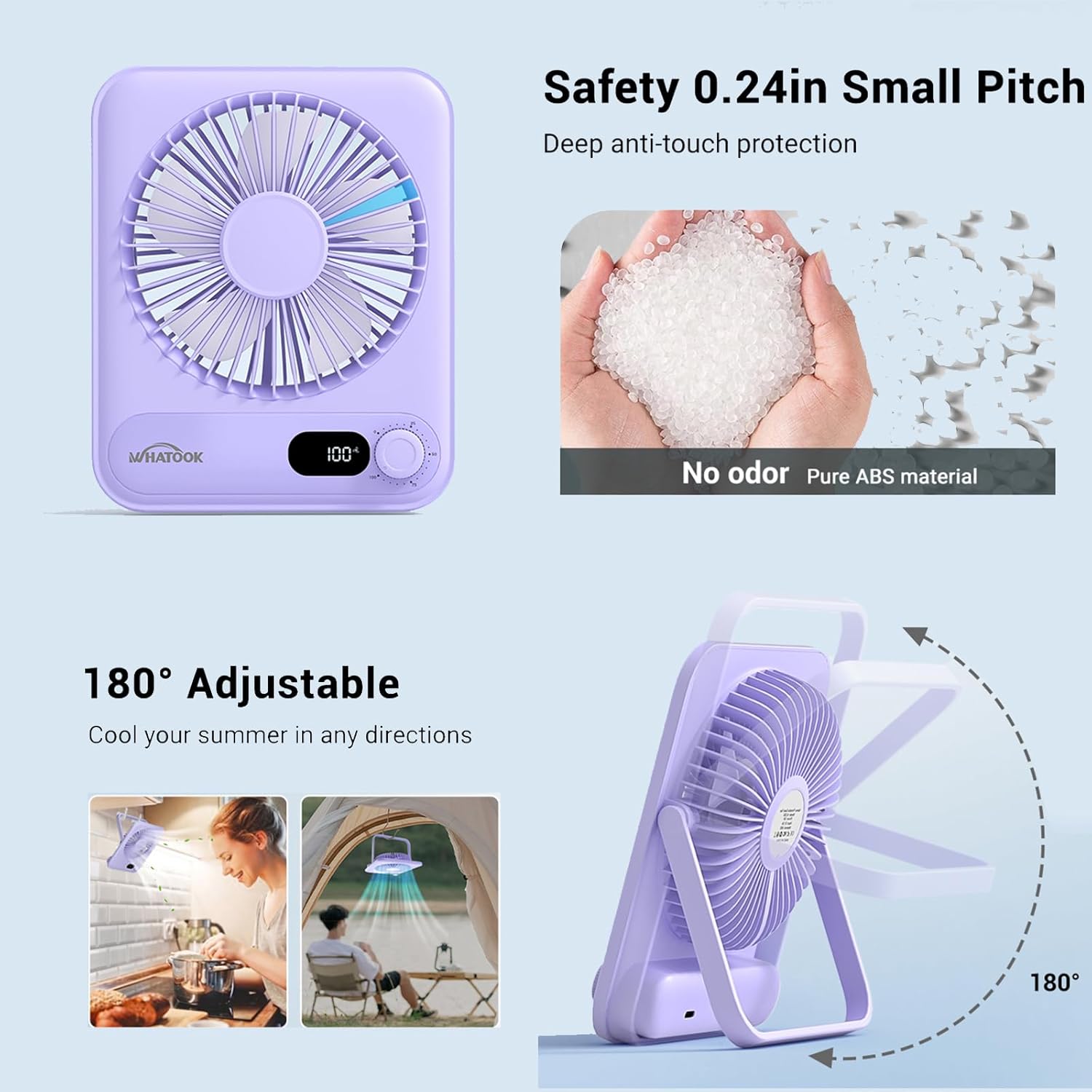 WHATOOK Mini Ventilator USB‑C: Fluisterstil 1‑100 Snelheden, 2000mAh Oplaadbare Tafelventilator met LED‑Display, 3-10u Accu, Ultra Compact Draagbaar voor Bureau, Slaapkamer & Thuis(Zwart)