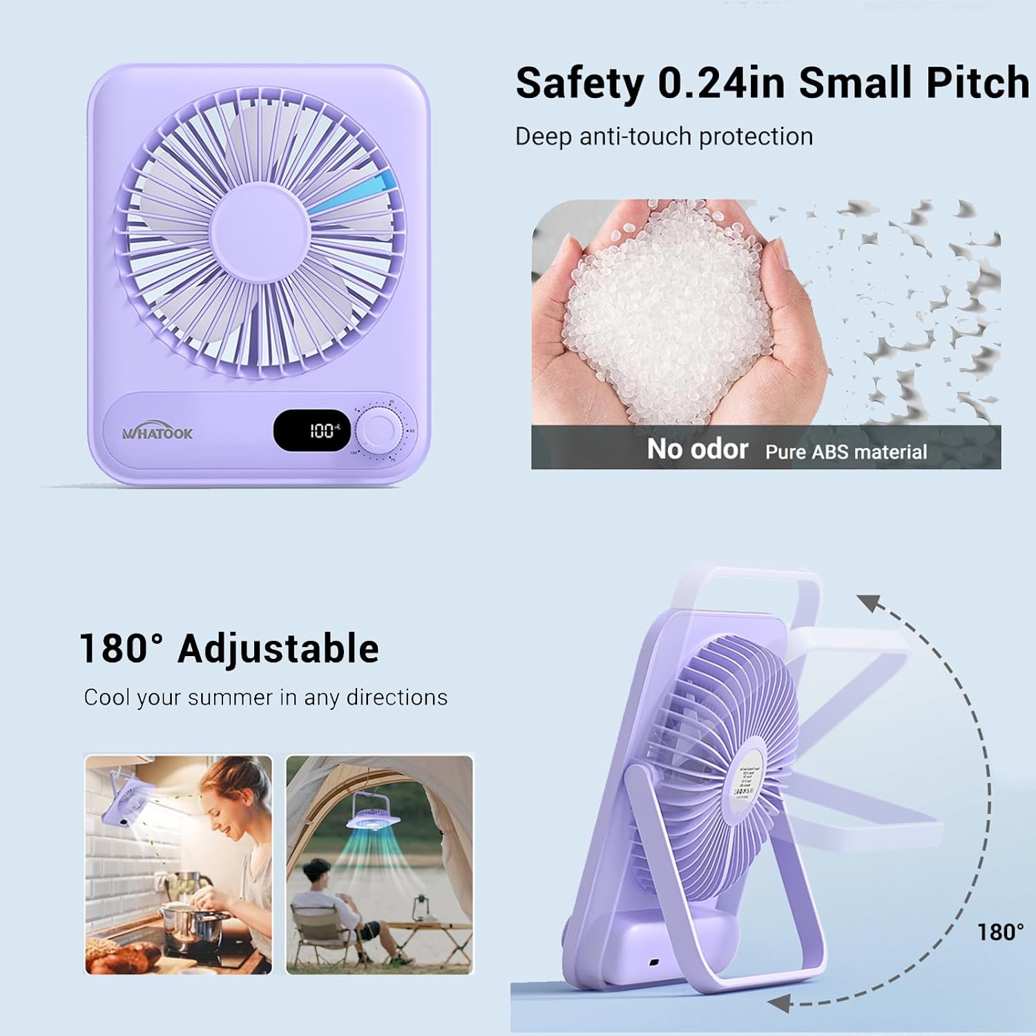 WHATOOK Mini Ventilator USB‑C: Fluisterstil 1‑100 Snelheden, 2000mAh Oplaadbare Tafelventilator met LED‑Display, 3-10u Accu, Ultra Compact Draagbaar voor Bureau, Slaapkamer & Thuis(Zwart)