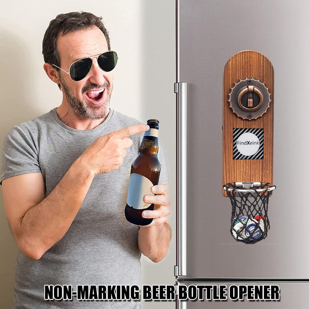 ZONSUSE Magnetische flesopeners met netvanger, wandgemonteerde houten bierflesopener, tracelloze kurkentrekker, thuisbaraccessoires voor keuken, tuin, buiten, ideale biergeschenken voor mannen