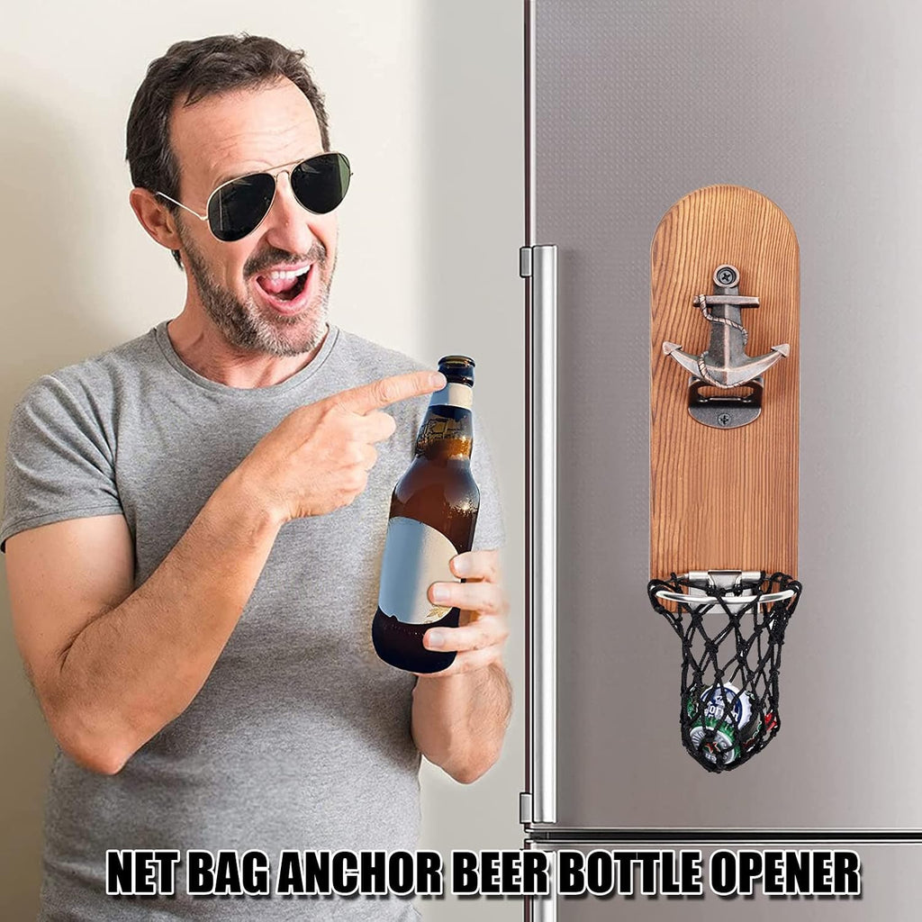 ZONSUSE Magnetische flesopeners met netvanger, wandgemonteerde houten bierflesopener, tracelloze kurkentrekker, thuisbaraccessoires voor keuken, tuin, buiten, ideale biergeschenken voor mannen