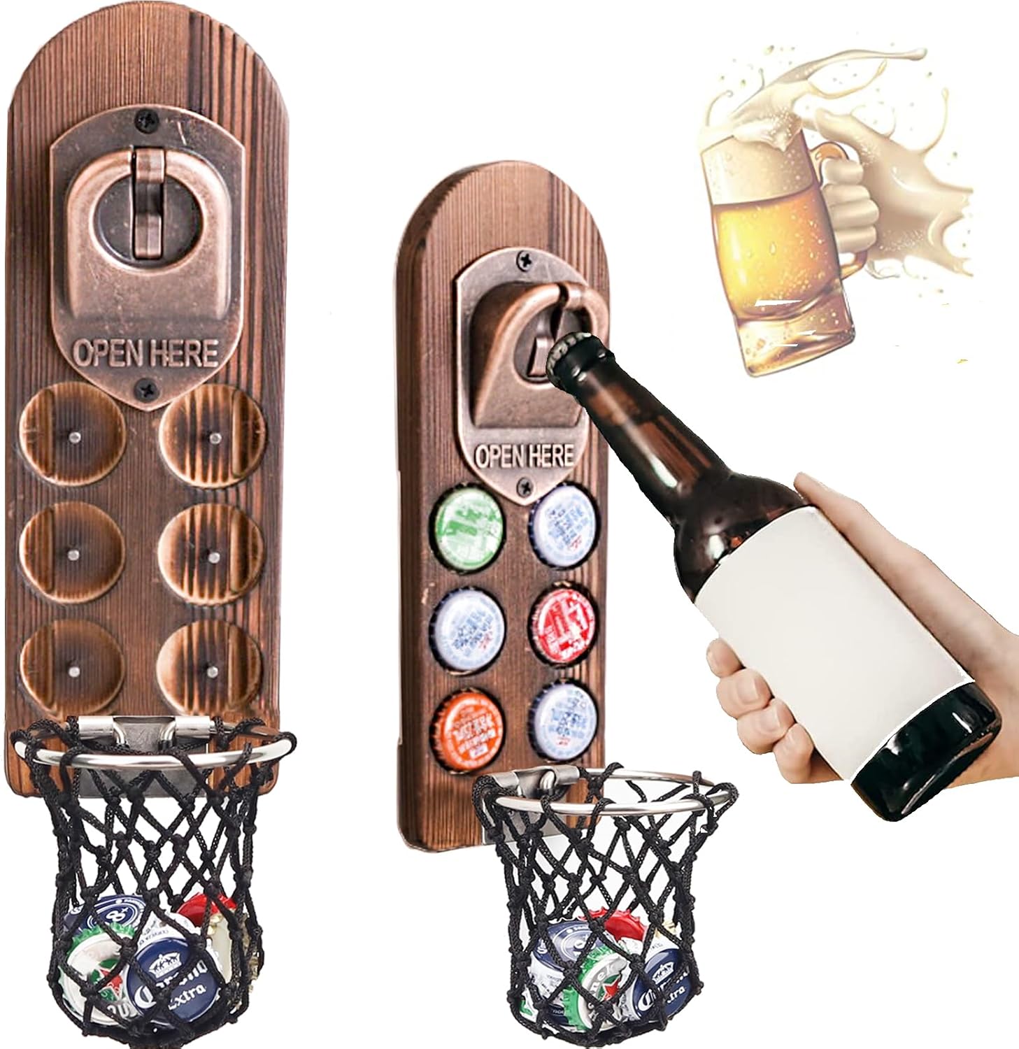 ZONSUSE Magnetische flesopeners met netvanger, wandgemonteerde houten bierflesopener, tracelloze kurkentrekker, thuisbaraccessoires voor keuken, tuin, buiten, ideale biergeschenken voor mannen