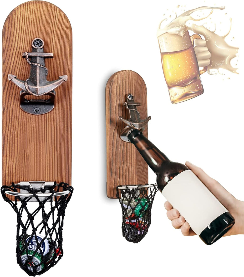 ZONSUSE Magnetische flesopeners met netvanger, wandgemonteerde houten bierflesopener, tracelloze kurkentrekker, thuisbaraccessoires voor keuken, tuin, buiten, ideale biergeschenken voor mannen