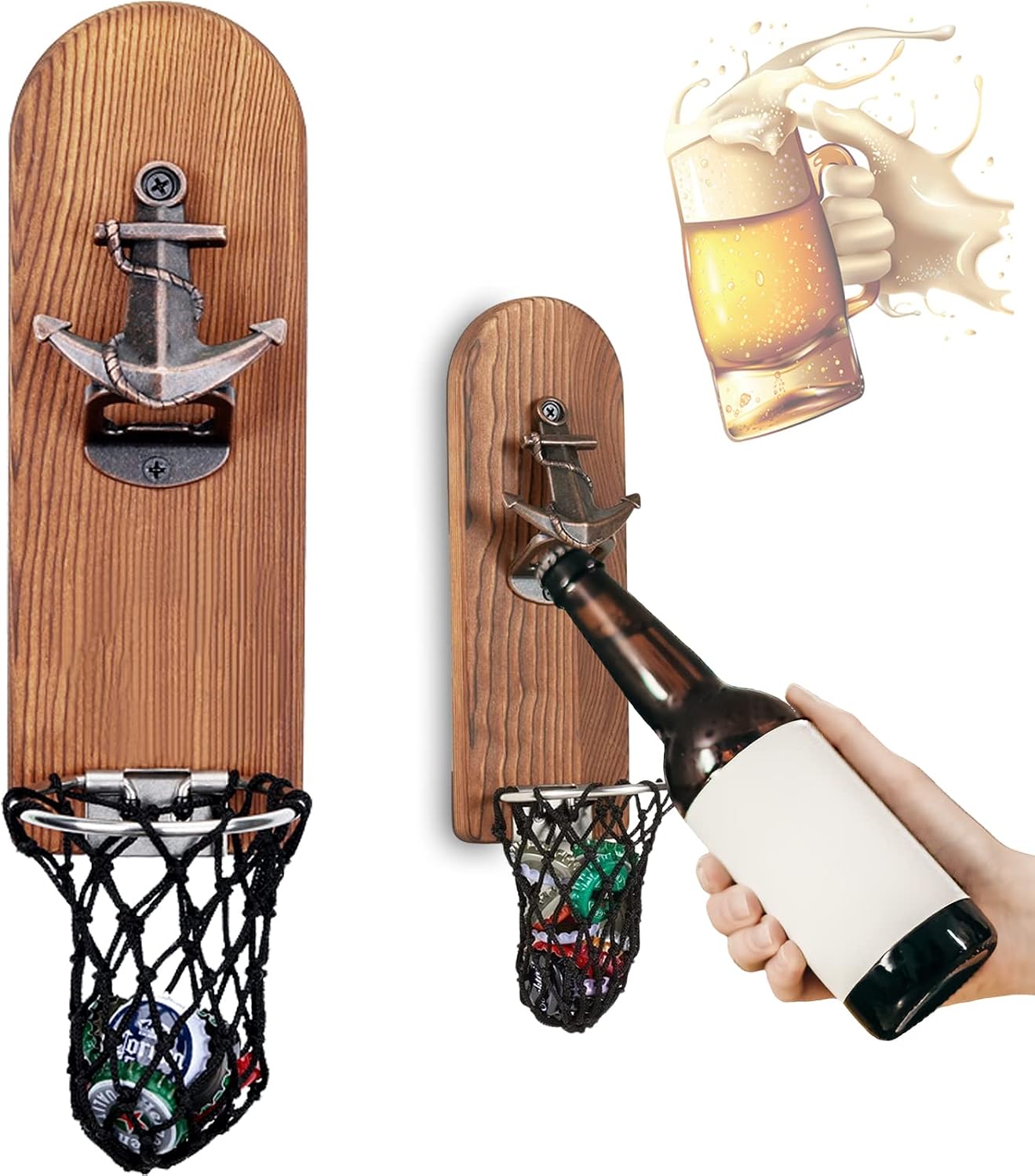 ZONSUSE Magnetische flesopeners met netvanger, wandgemonteerde houten bierflesopener, tracelloze kurkentrekker, thuisbaraccessoires voor keuken, tuin, buiten, ideale biergeschenken voor mannen