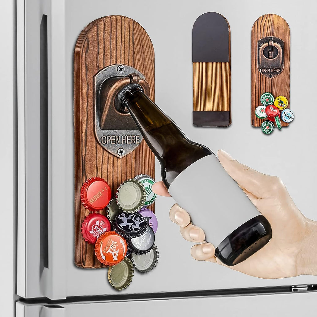 ZONSUSE Magnetische flesopeners met netvanger, wandgemonteerde houten bierflesopener, tracelloze kurkentrekker, thuisbaraccessoires voor keuken, tuin, buiten, ideale biergeschenken voor mannen