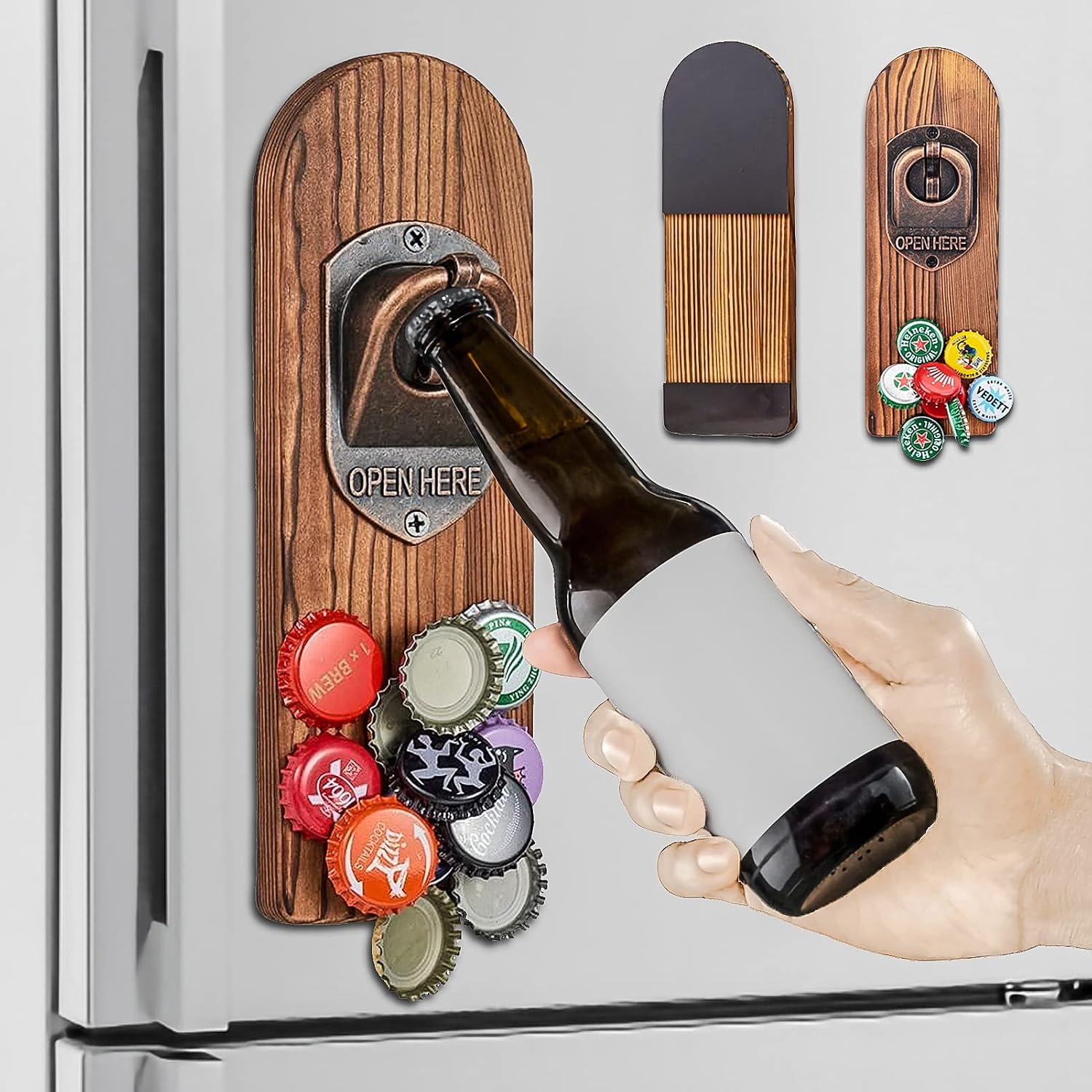 ZONSUSE Magnetische flesopeners met netvanger, wandgemonteerde houten bierflesopener, tracelloze kurkentrekker, thuisbaraccessoires voor keuken, tuin, buiten, ideale biergeschenken voor mannen