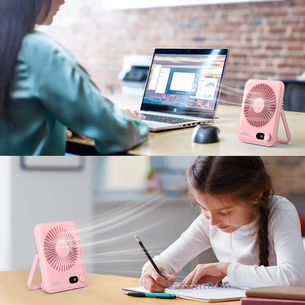 WHATOOK Mini Ventilator USB‑C: Fluisterstil 1‑100 Snelheden, 2000mAh Oplaadbare Tafelventilator met LED‑Display, 3-10u Accu, Ultra Compact Draagbaar voor Bureau, Slaapkamer & Thuis(Zwart)