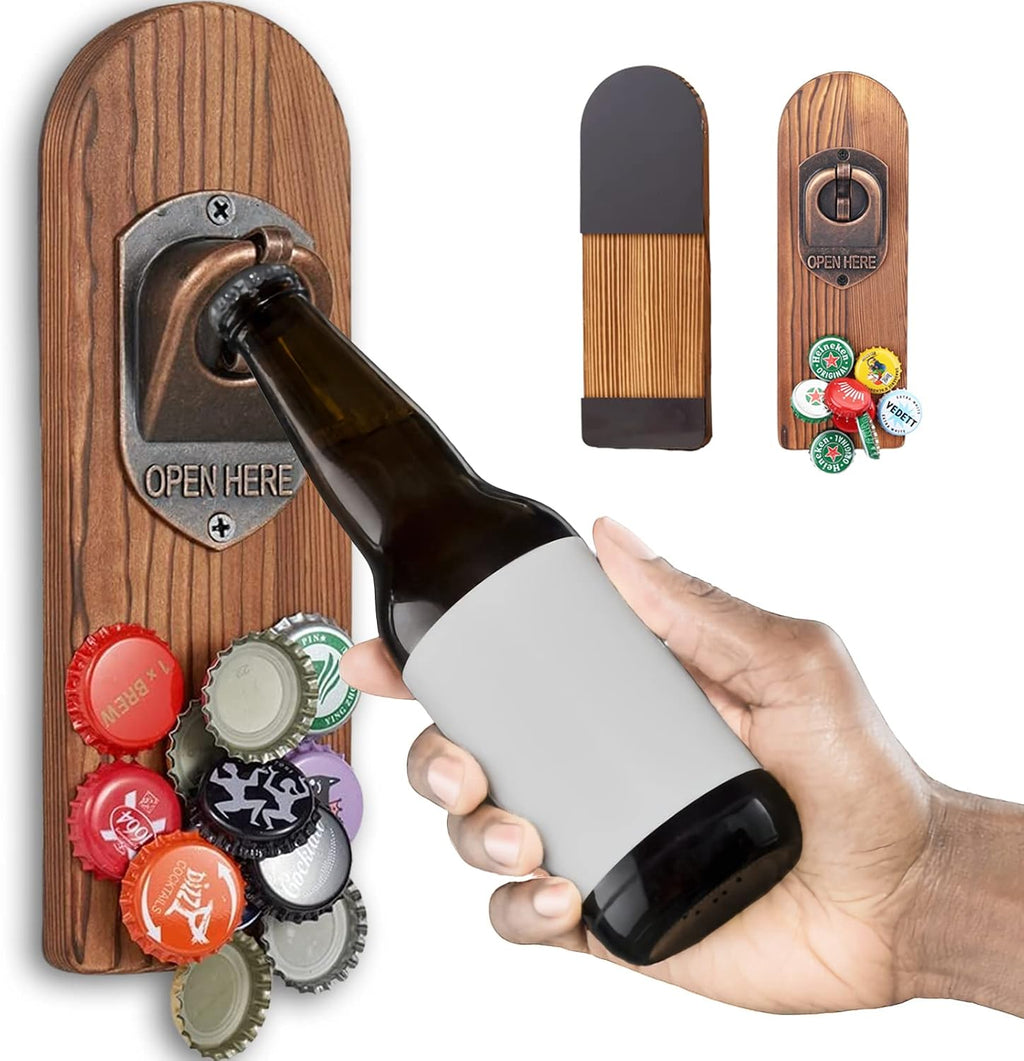 ZONSUSE Magnetische flesopeners met netvanger, wandgemonteerde houten bierflesopener, tracelloze kurkentrekker, thuisbaraccessoires voor keuken, tuin, buiten, ideale biergeschenken voor mannen